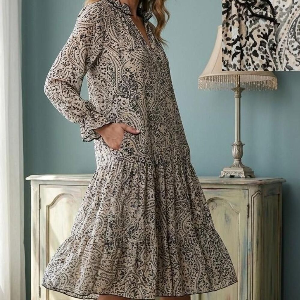 Paisley Drop Waist Tiered Midi Dress Size Medium Boho Cottagecore prairie